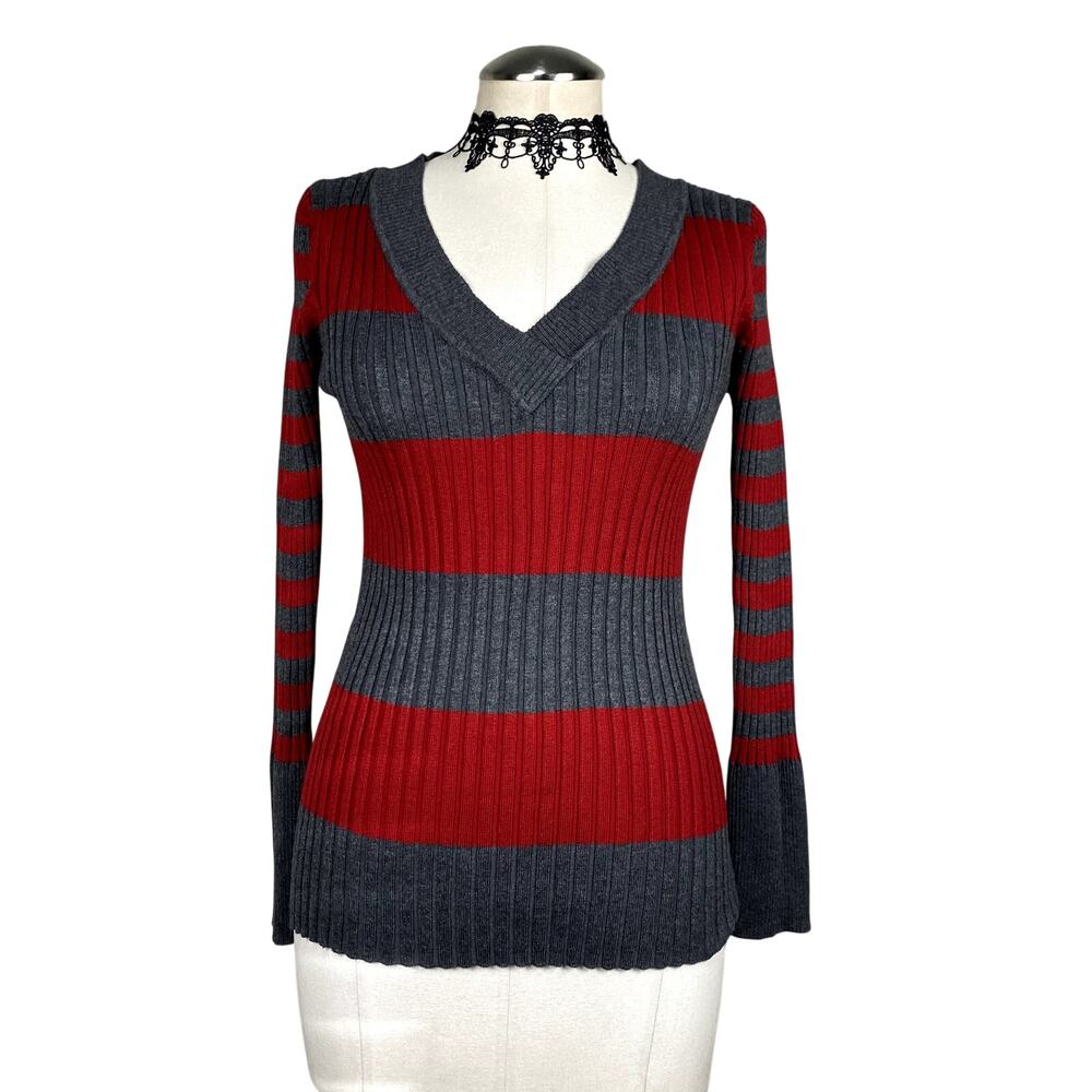 Y2K Red Gray Stripe V Neck Women's Sweater Ribbed Stretch Grunge Emo alt Goth